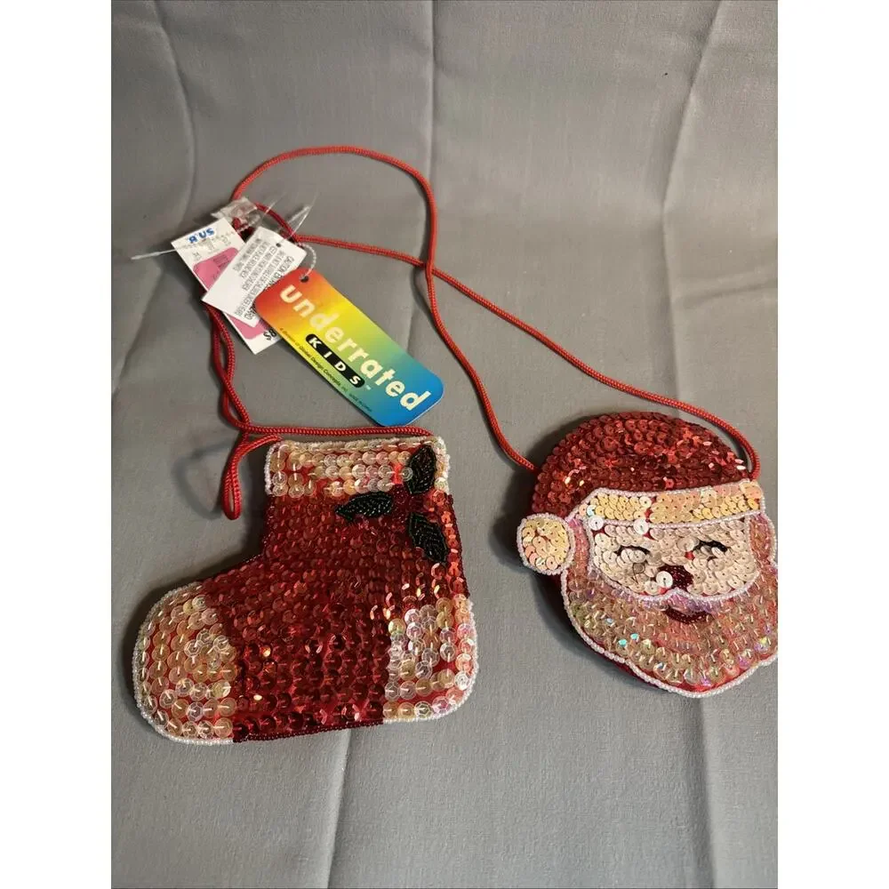 Vintage mini bag Christmas santa Sequin Beaded Stocking Trinket Purse 5” LOT 2